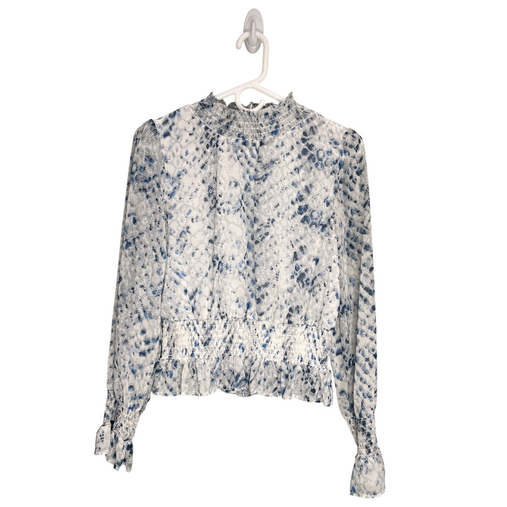 Japna Womens Blue White Snakeskin Smocked Mock Neck Ruffle Blouse Medium M
